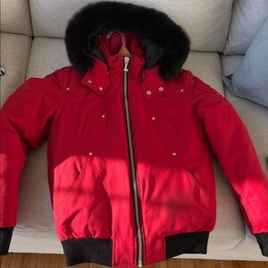 Moose knuckles red Winter Bomber Jacket with Black Fur Hood